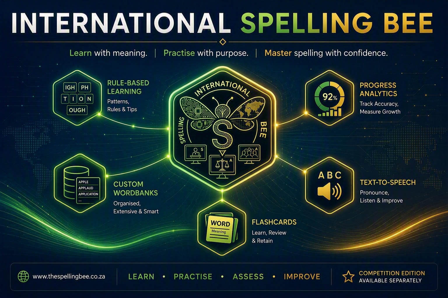 International Spelling Bee Ecosystem overview showing learning, competition and reporting capabilities